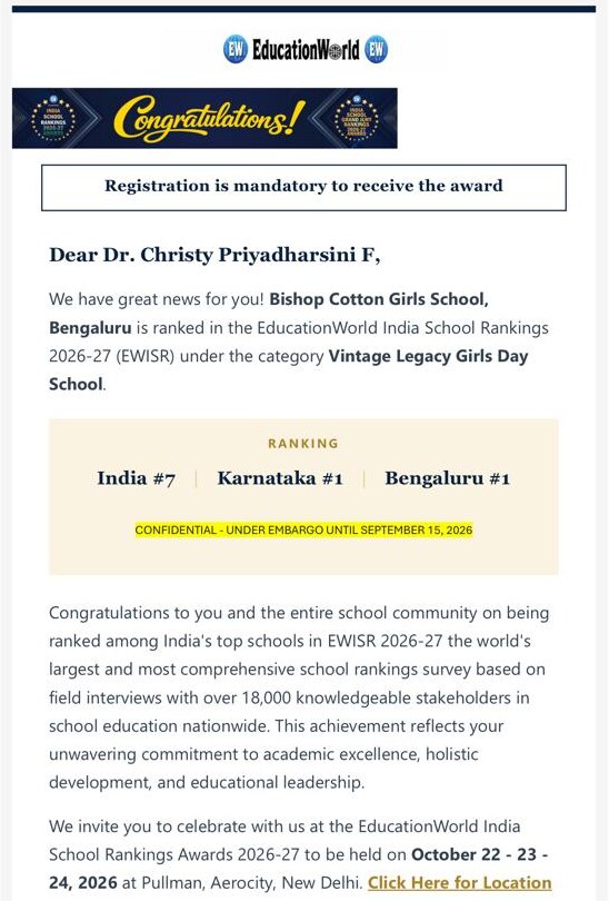 EducationWorld letter announcing Bishop Cotton Girls’ School rankings: India #7, Karnataka #1, Bengaluru #1